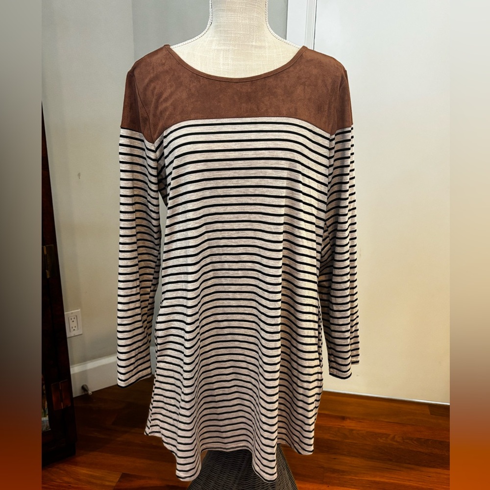 Altar'd State Striped Long Sleeve Dress with Faux Suede Yoke & Pockets